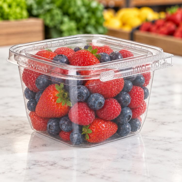 Inline Plastics TS4016 clear 4 x 4 clamshell filled with fresh berries
