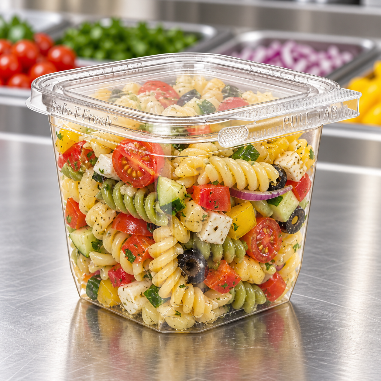 Inline Plastics TS4024 clear 4 x 4 clamshell filled with pasta salad