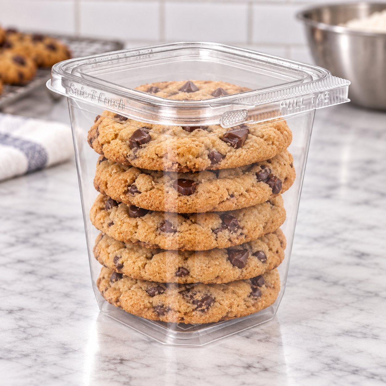 Inline Plastics TS4032 clear tall 4 x 4 clamshell holding stacked cookies