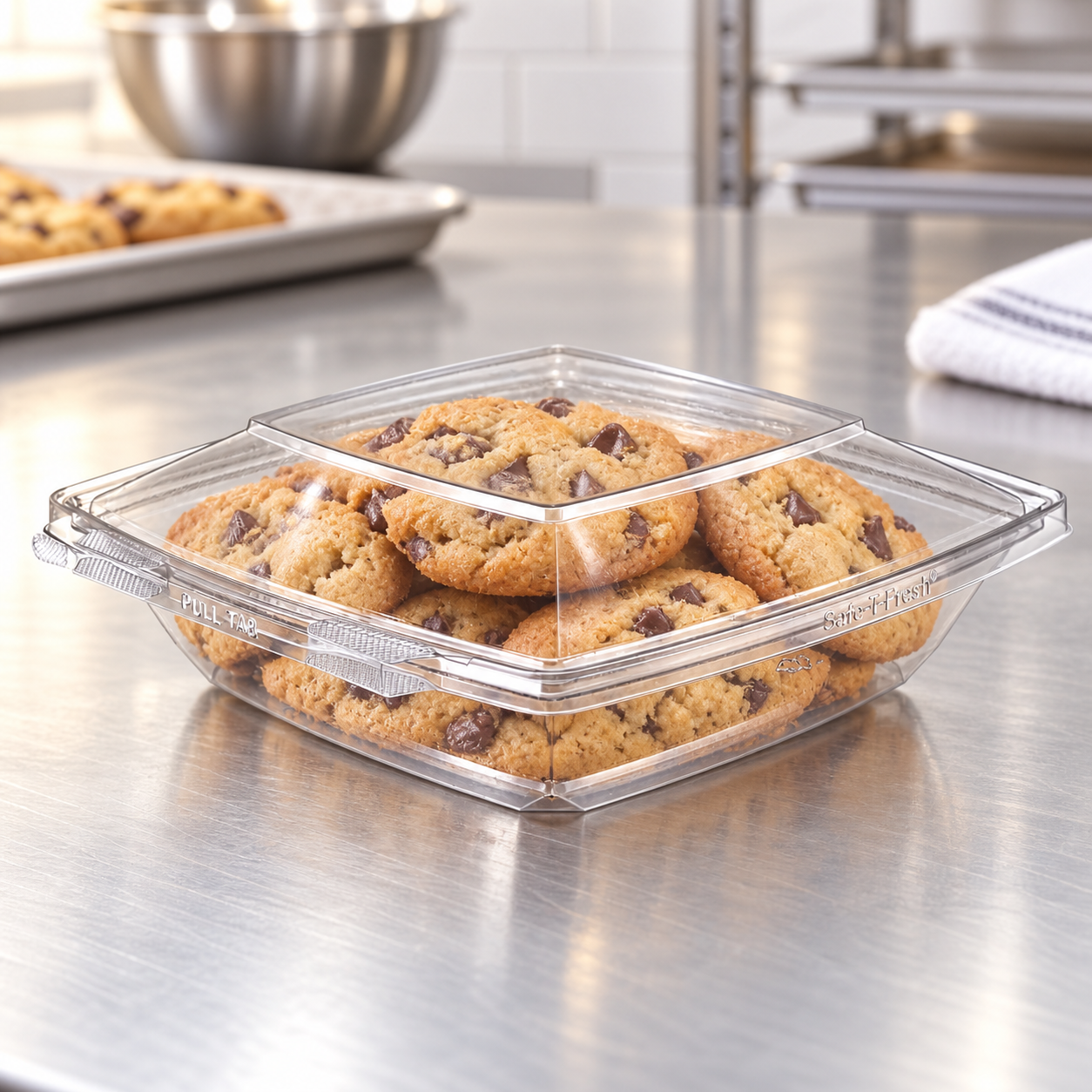 Inline Plastics TS48PW clear square clamshell holding cookies in a bakery setting