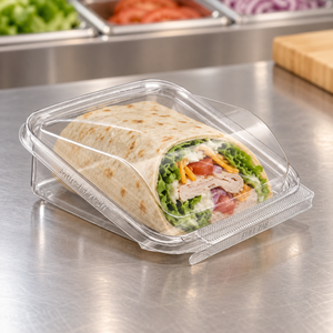 Inline Plastics TSSWR clear tamper-evident container holding a deli wrap sandwich