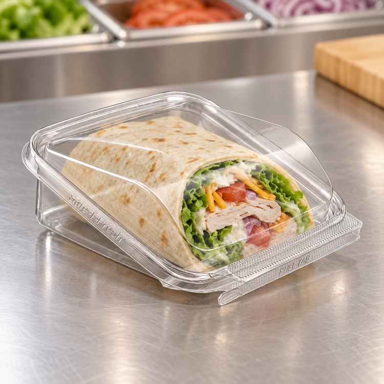Inline Plastics TSSWR clear tamper-evident container holding a deli wrap sandwich