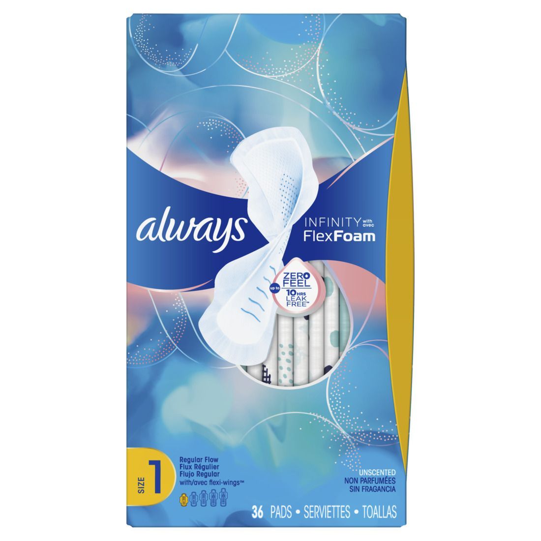 Always - Infinity FlexFoam Pads for Women Size 1 Regular Absorbency, Zero Leaks & Zero Feel is possible, with Wings Unscented, 36 Count - Case of 3