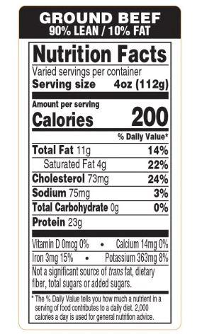 Label 90% lean 10% Fat ground beef with nutrition facts black 1000 Roll