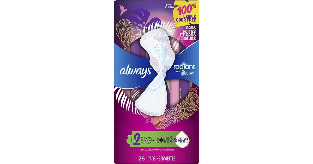 Always - Radiant Feminine Pads for Women, Size 2 Heavy, with Wings, Scented, 26 Count - Case of 6