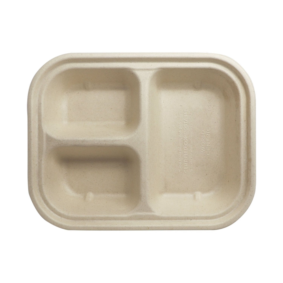 World Centric 9.8 x 7.5 inch three-compartment laminated fiber food tray, 400 per case