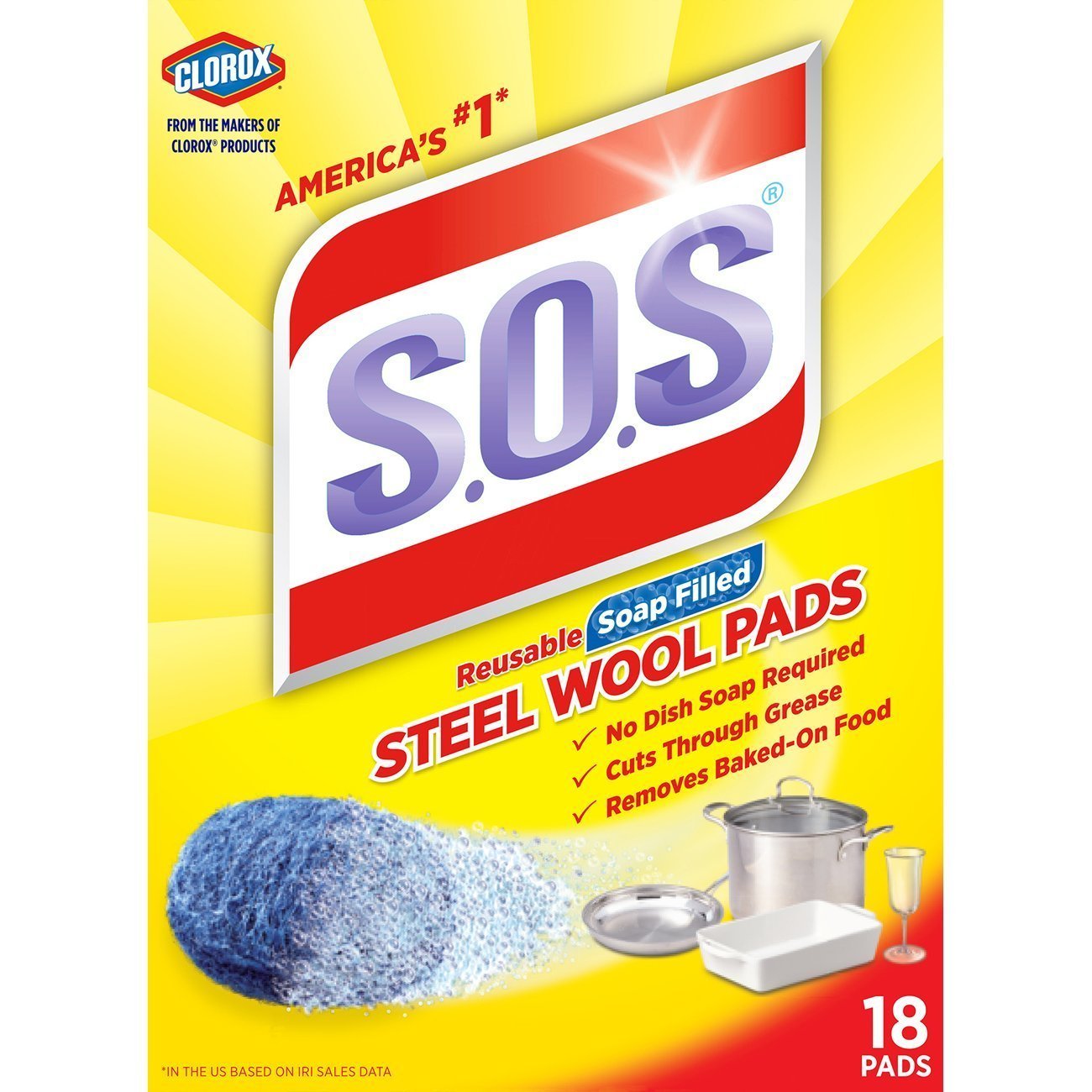 S.O.S - Steel Wool Dish Scrubber Pads, 18 Pack - Case of 12