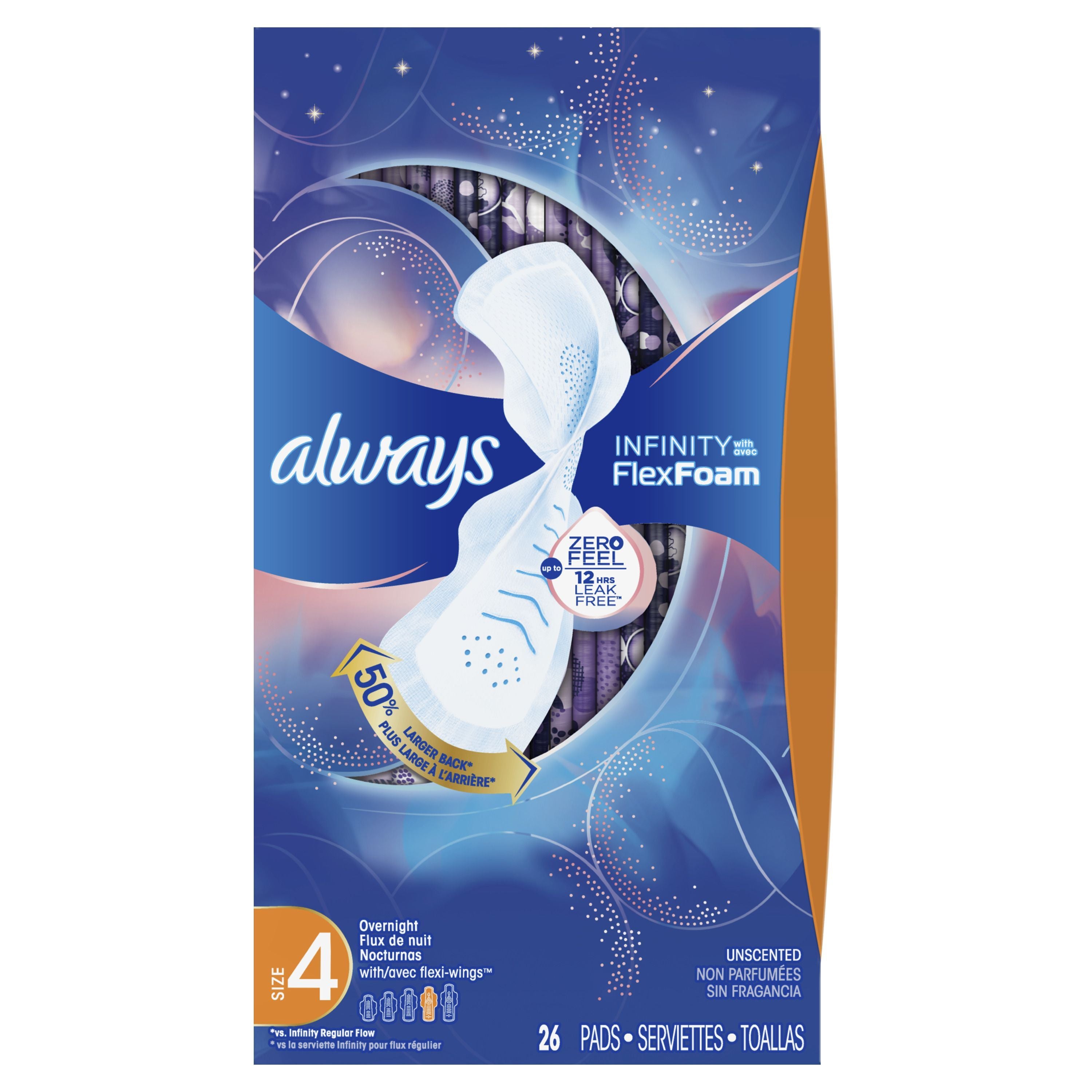 Always - Infinity Feminine Pads for Women, Size 4 Overnight, with wings, unscented, 26 Count - Case of 6