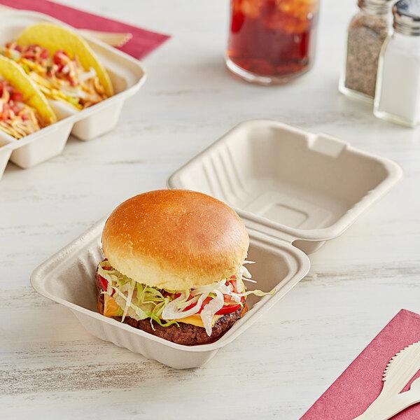 World Centric - Laminated Compostable Fiber Burger Clamshell, 6" x 6" x 3" - Case of 500