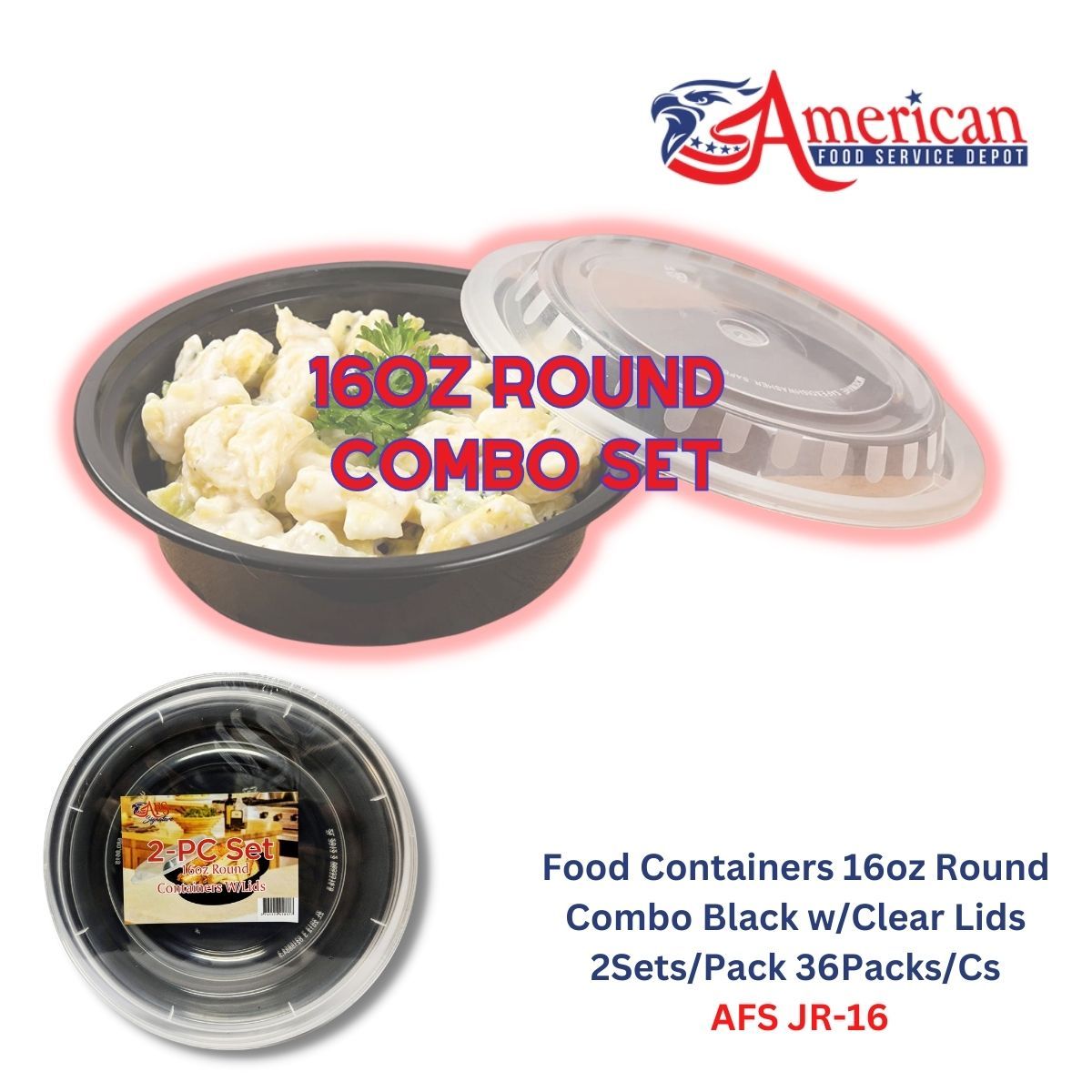 AFS - 16oz Black Round Microwavable Heavy Weight Container with Lid 6 1/4" - 36 Sets of 2