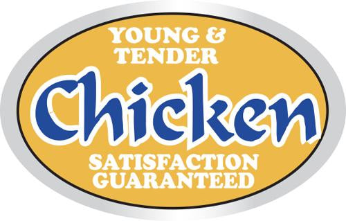 Bollin Label 10002 - Chicken (Young & Tender) Yellow/White/Blue on Silver 1.25x2 in. Oval - Roll of 500