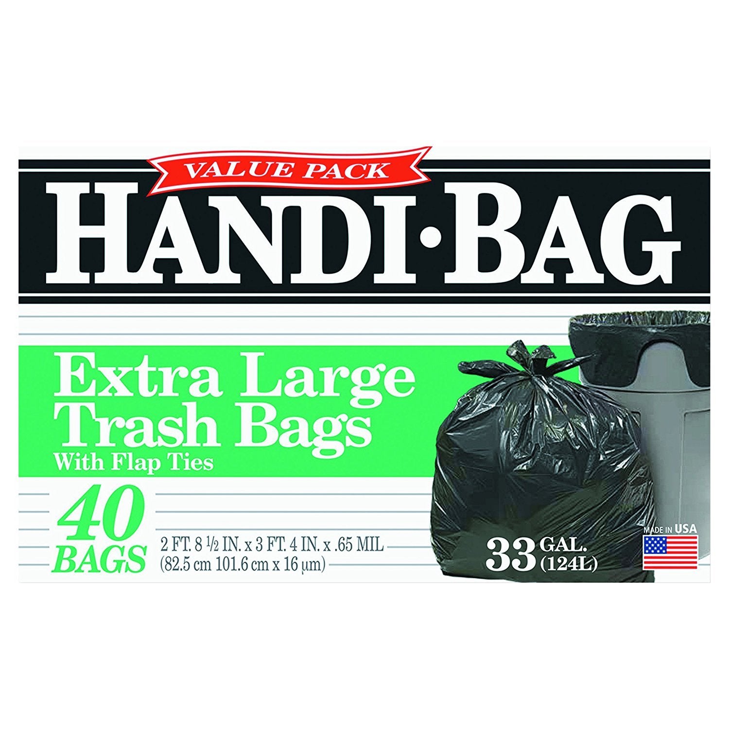 Handi-Bag - Extra Large Flap-Tie Trash Bags, 33 Gallon, Black, 40 Pack - Case of 6