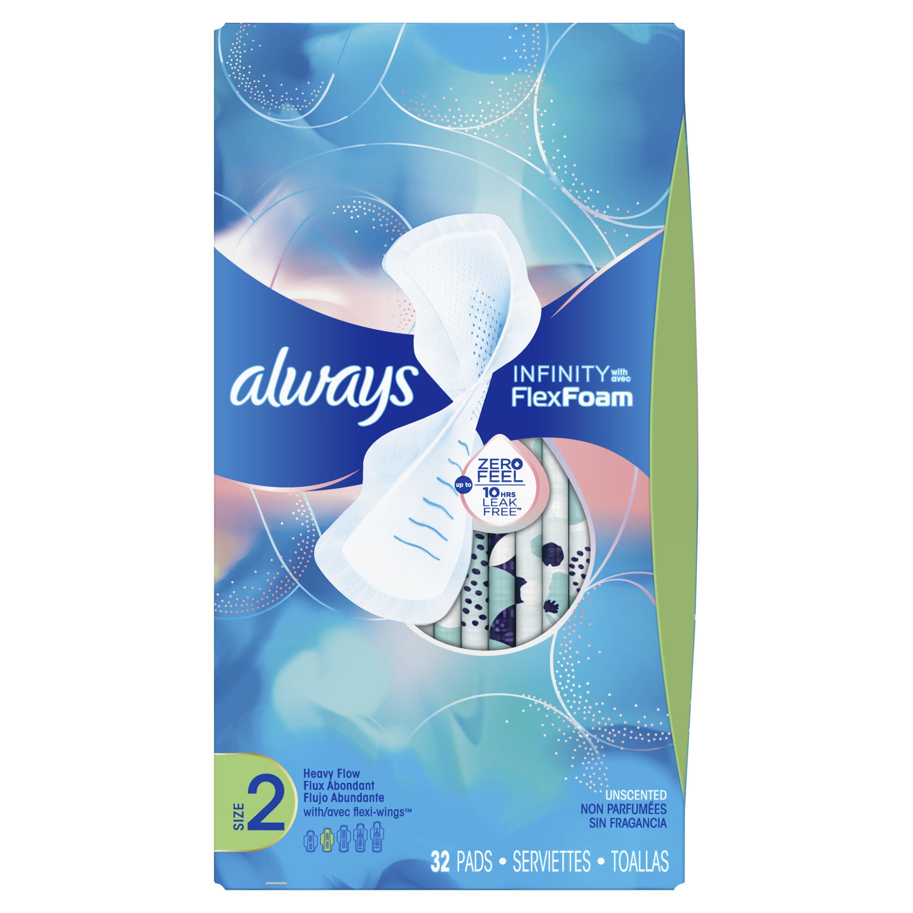 Always - Infinity Feminine Pads for Women, Size 2 Heavy, with wings, unscented, 32 Count - Case of 3