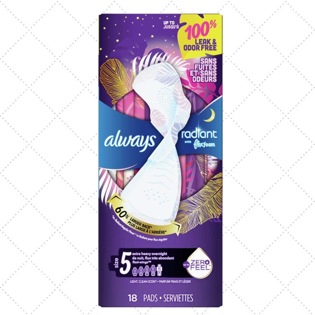 Always - Radiant Overnight Feminine Pads for Women, Size 5 Extra Heavy Nighttime, with Wings, Scented, 18 Count - Case of 3