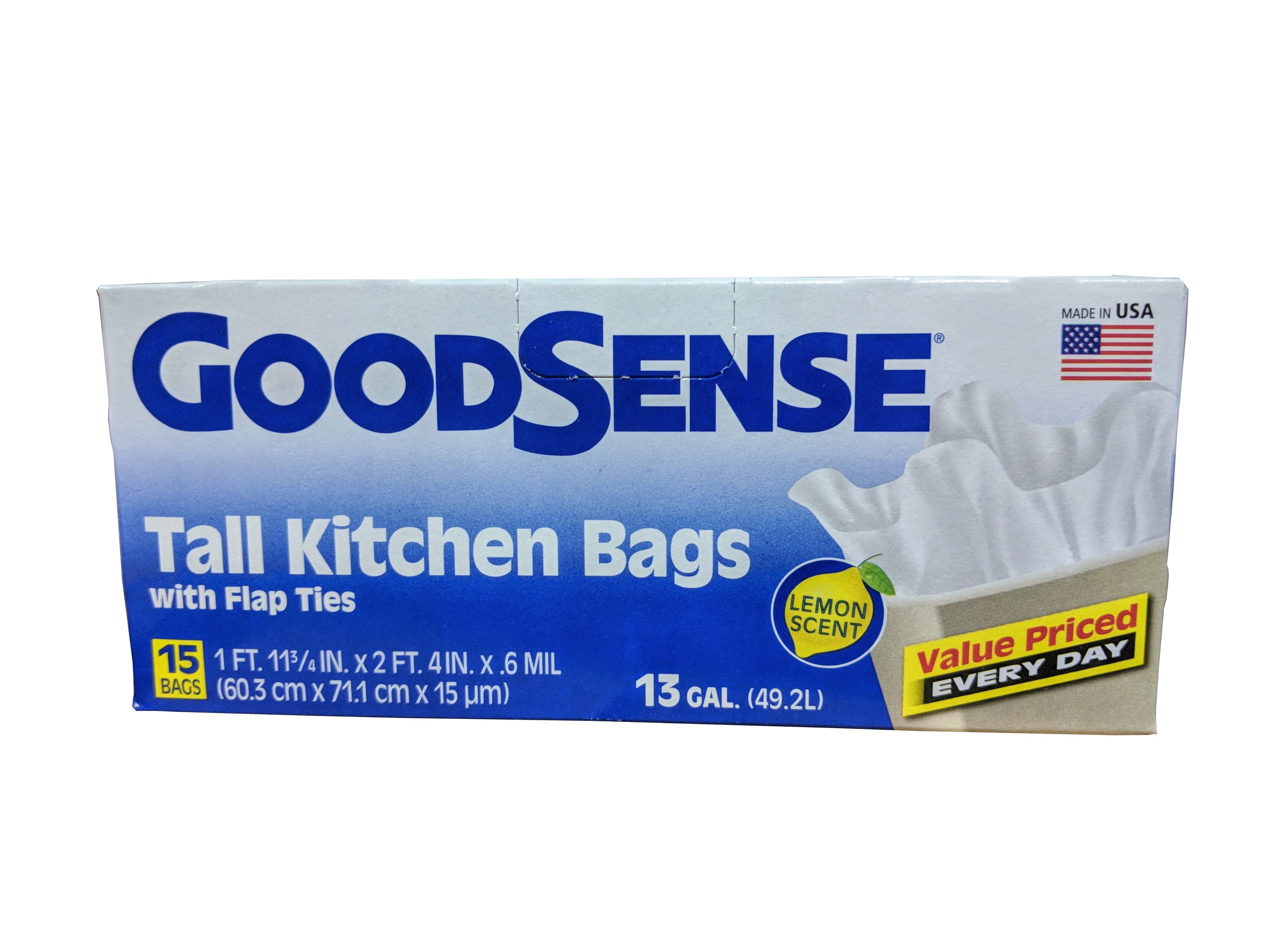 GoodSense - Tall Kitchen Trash Bags w/ Flap-Ties, 13 Gallon, White, Lemon Scent, 15 Pack - Case of 12