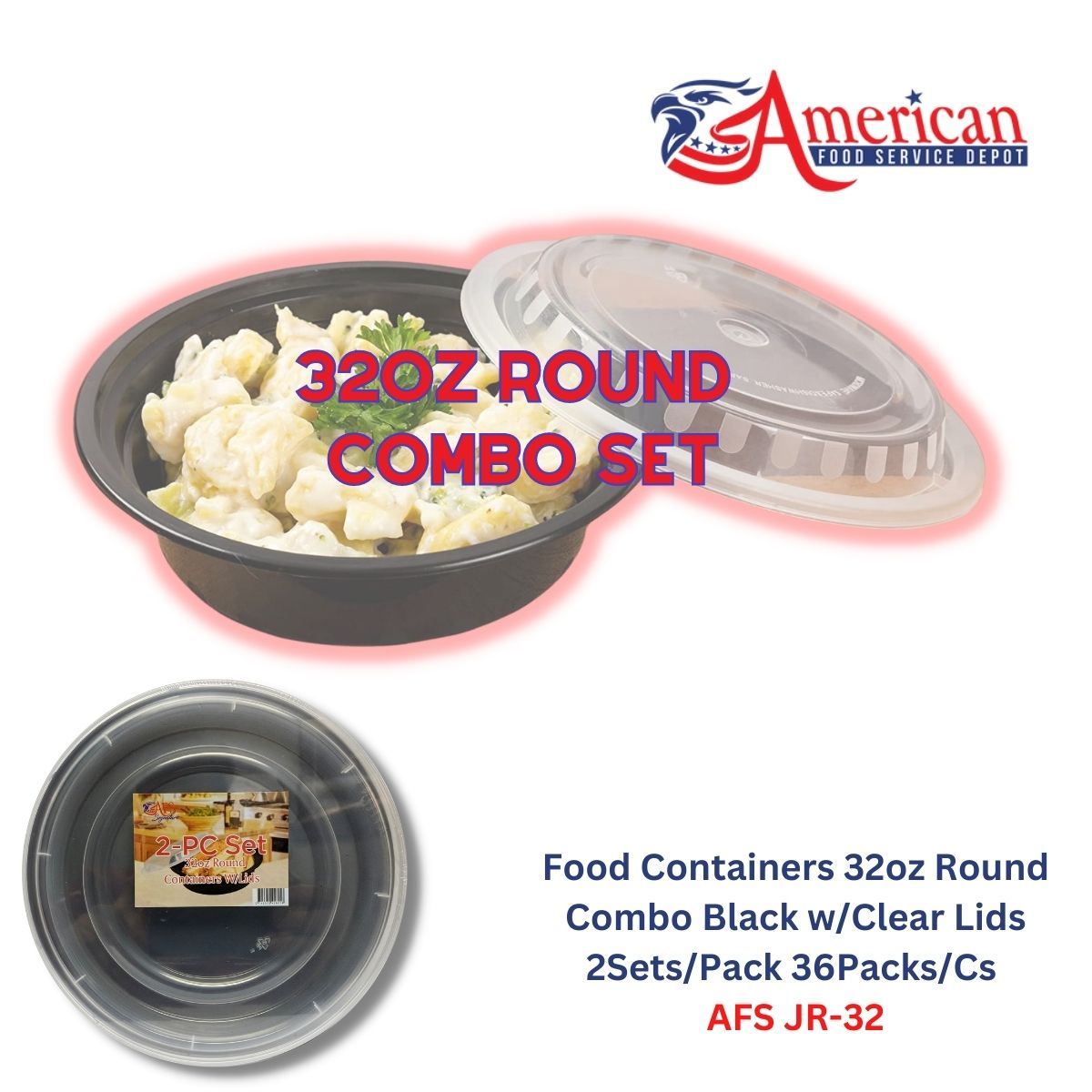 AFS - 32oz Black Round Microwavable Heavy Weight Container with Lid 7 1/4" - 36 Sets of 2