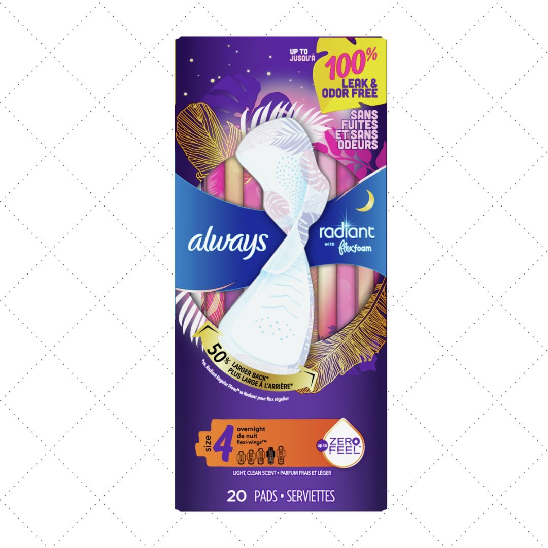 Always - Radiant Overnight Feminine Pads for Women, Size 4 for Nighttime, with Wings, Scented, 20 Count - Case of 3