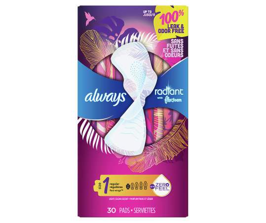 Always - Radiant Feminine Pads for Women, Size 1 Regular, with Wings, Scented, 30 Count - Case of 3