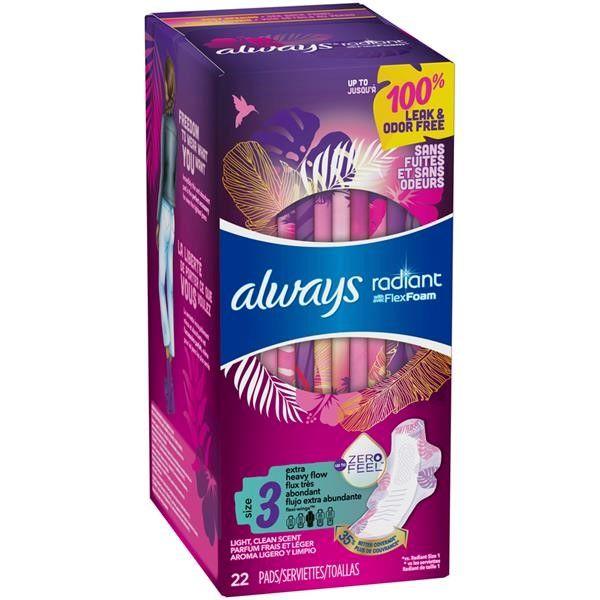 Always - Radiant Feminine Pads for Women, Size 3 Extra Heavy, with Wings, Scented, 22 Count - Case of 3