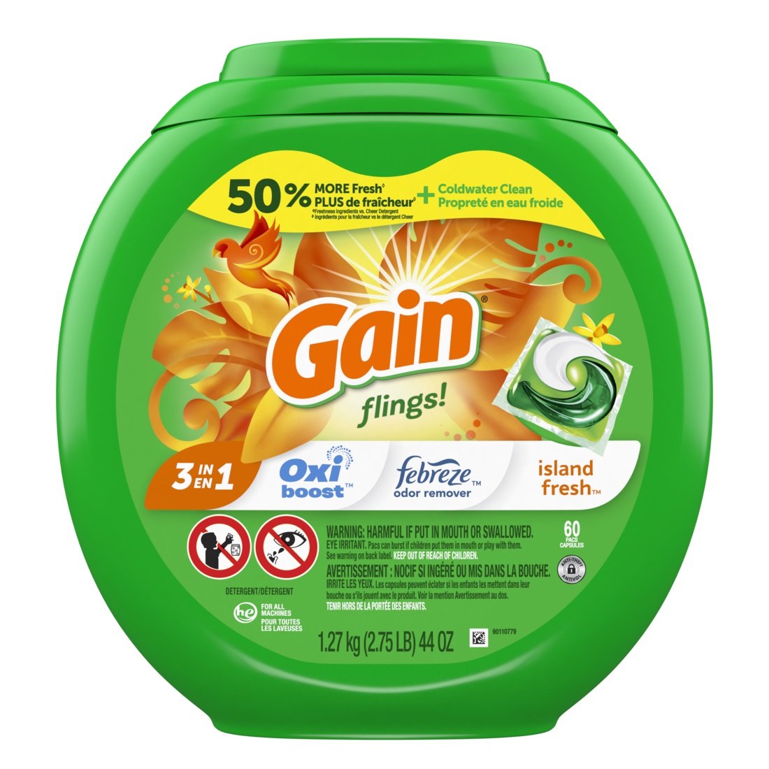 Gain - Flings! Laundry Detergent Pacs 60 Count, Island Fresh - Case of 4