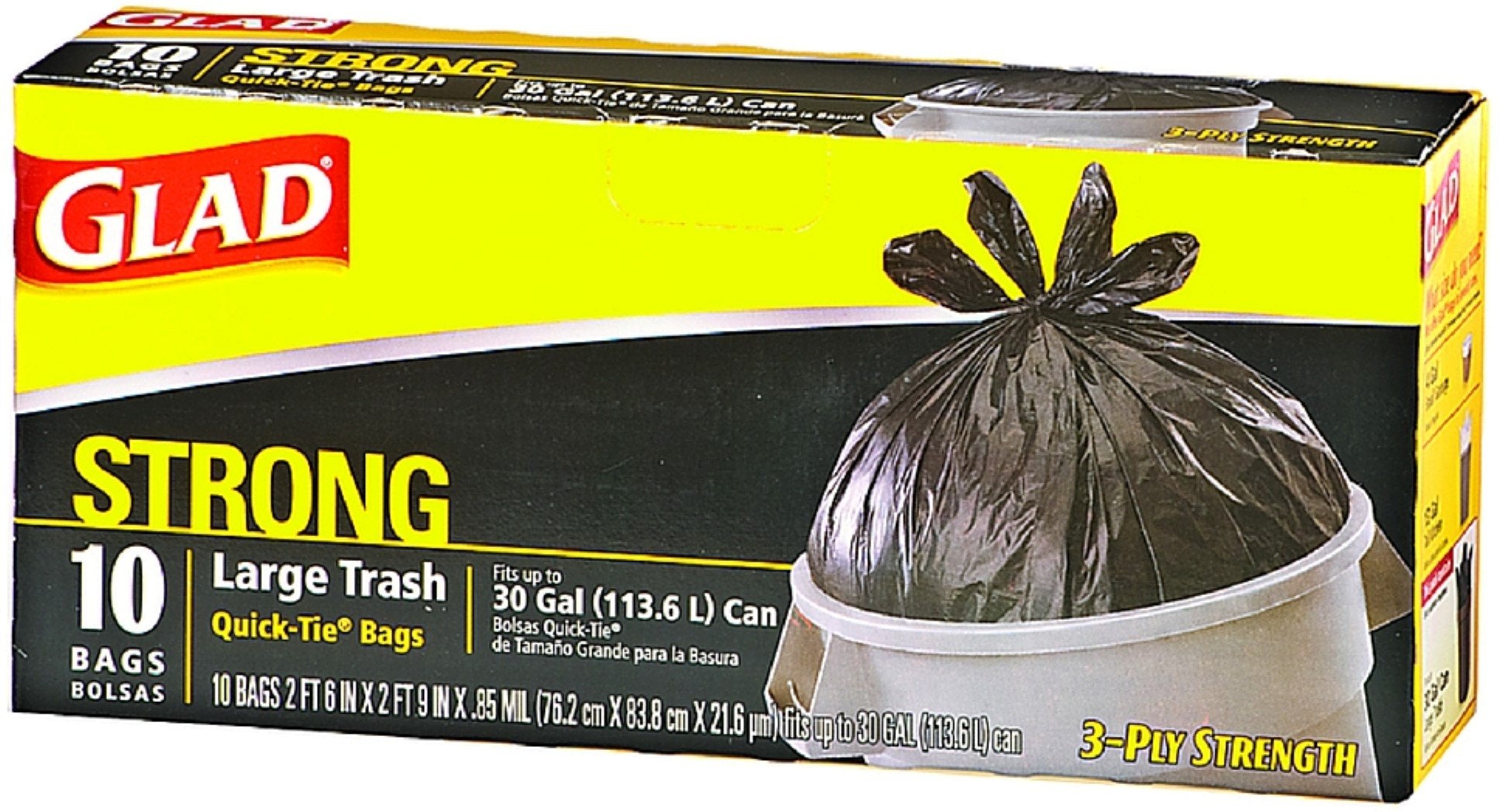 Glad - Large Quick-Tie Trash Bags, 30 Gallon, Black, 10 Pack - Case of 12