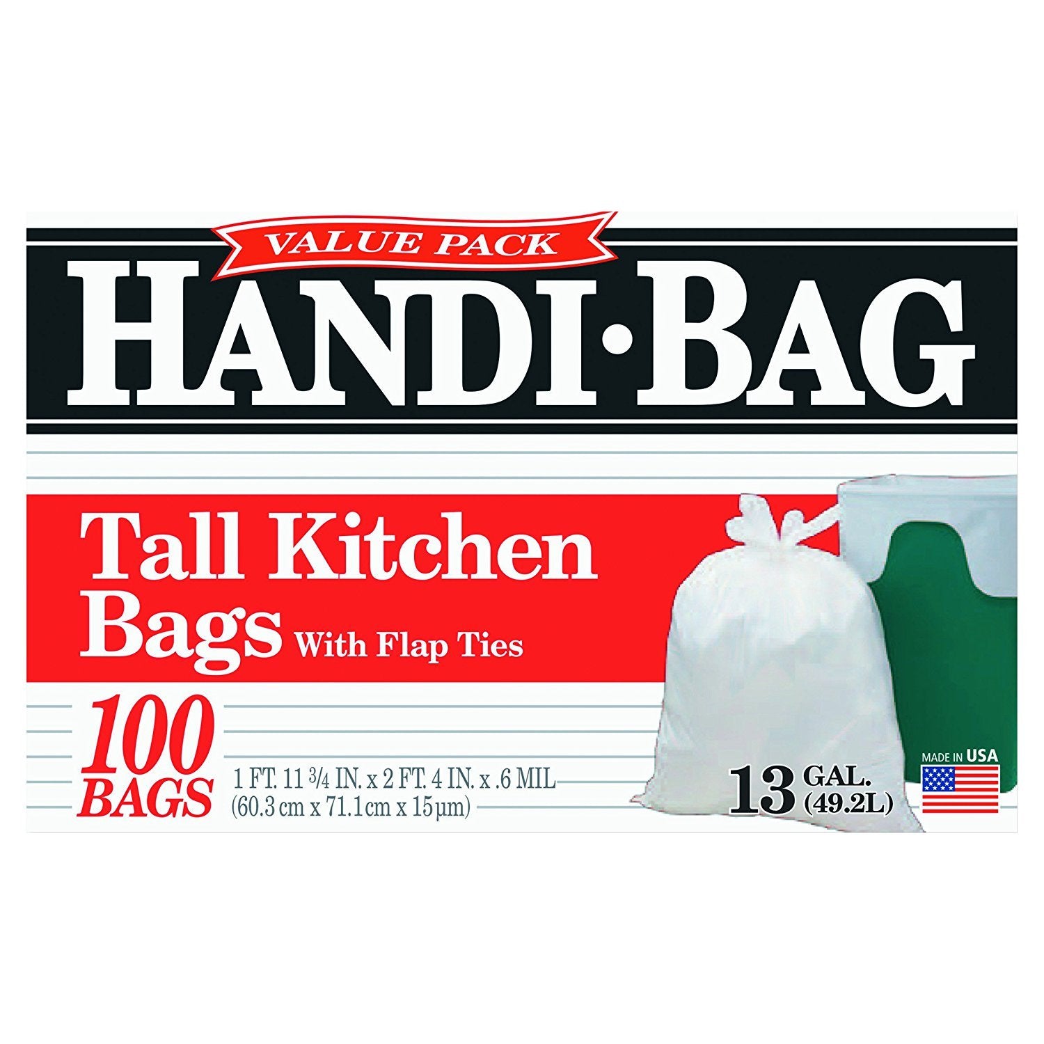 Handi-Bag - Tall Kitchen Flap-Tie Trash Bags, 13 Gallon, White, 100 Pack - Case of 6