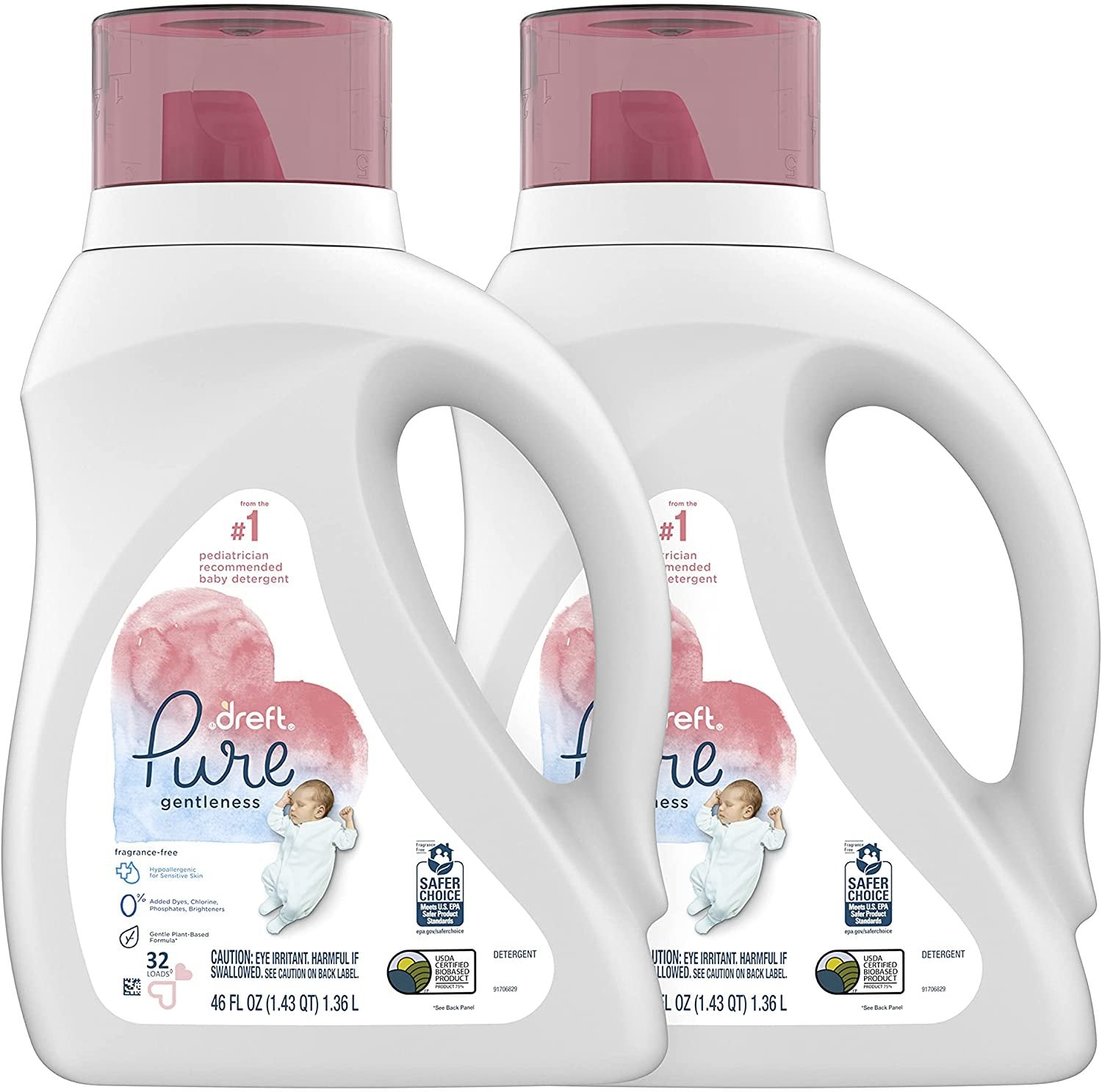 Dreft - Fragrance Free Liquid Laundry Detergent 46oz, Pure Gentleness - Case of 6