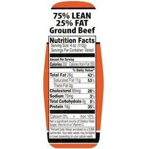 Bollin Label 10592 - Ground Beef 75%/25% W/nut Fact Orange/Black 1.5x3.62 In. - Roll of 500