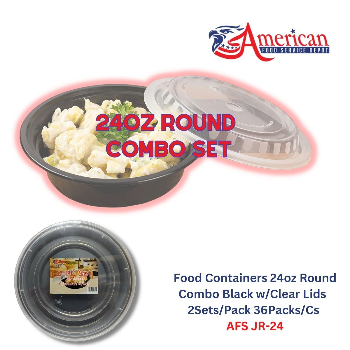 AFS - 24oz Black Round Microwavable Heavy Weight Container with Lid 7 1/4" - 36 Sets of 2