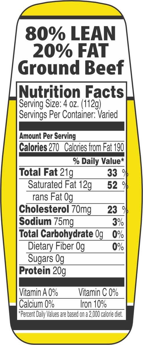 Bollin Label 10561 - Ground Beef FDA 80/20 Label 1.5X3.62 In. Yellow Rectangle Nutritional Facts - Roll of 500