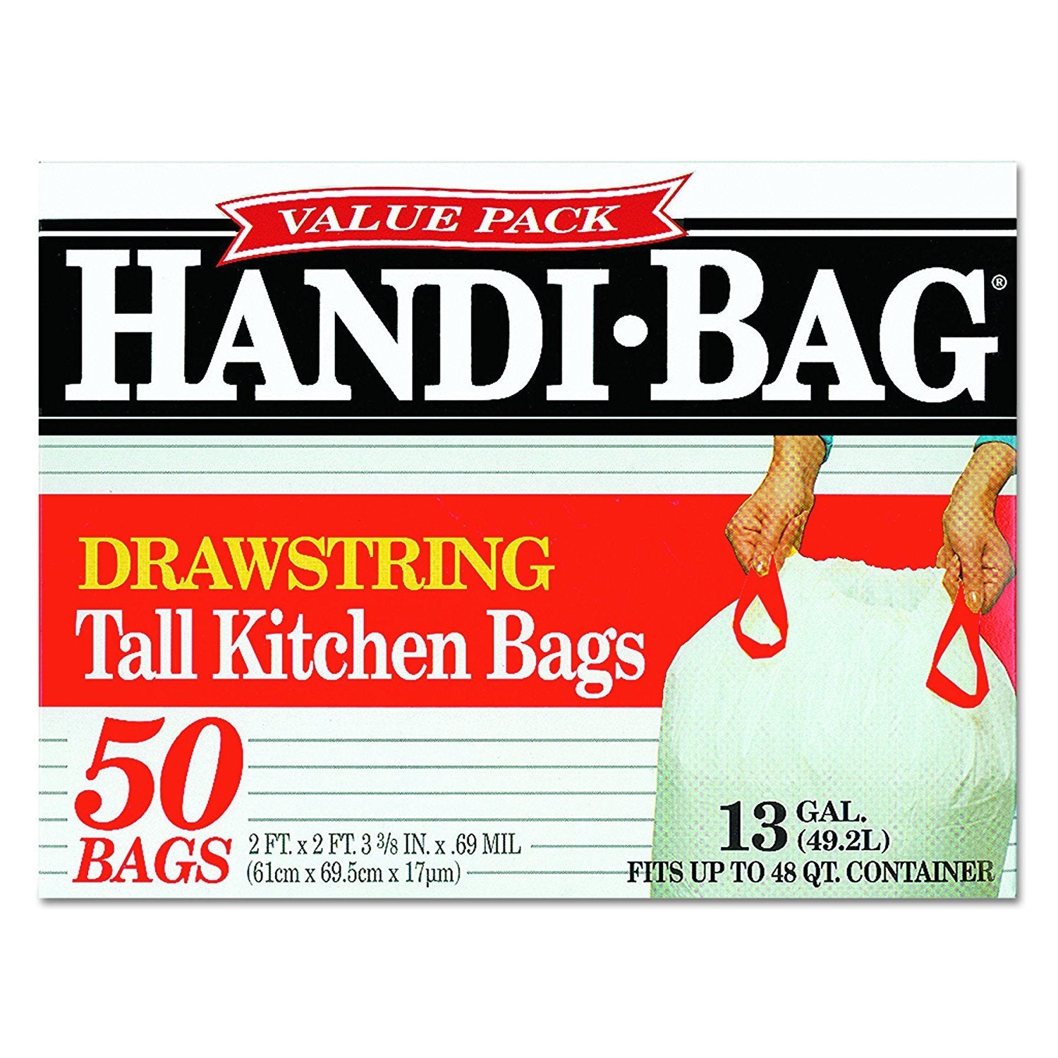 Handi-Bag - Tall Kitchen Drawstring Trash Bags, 13 Gallon, White, 50 Pack - Case of 6