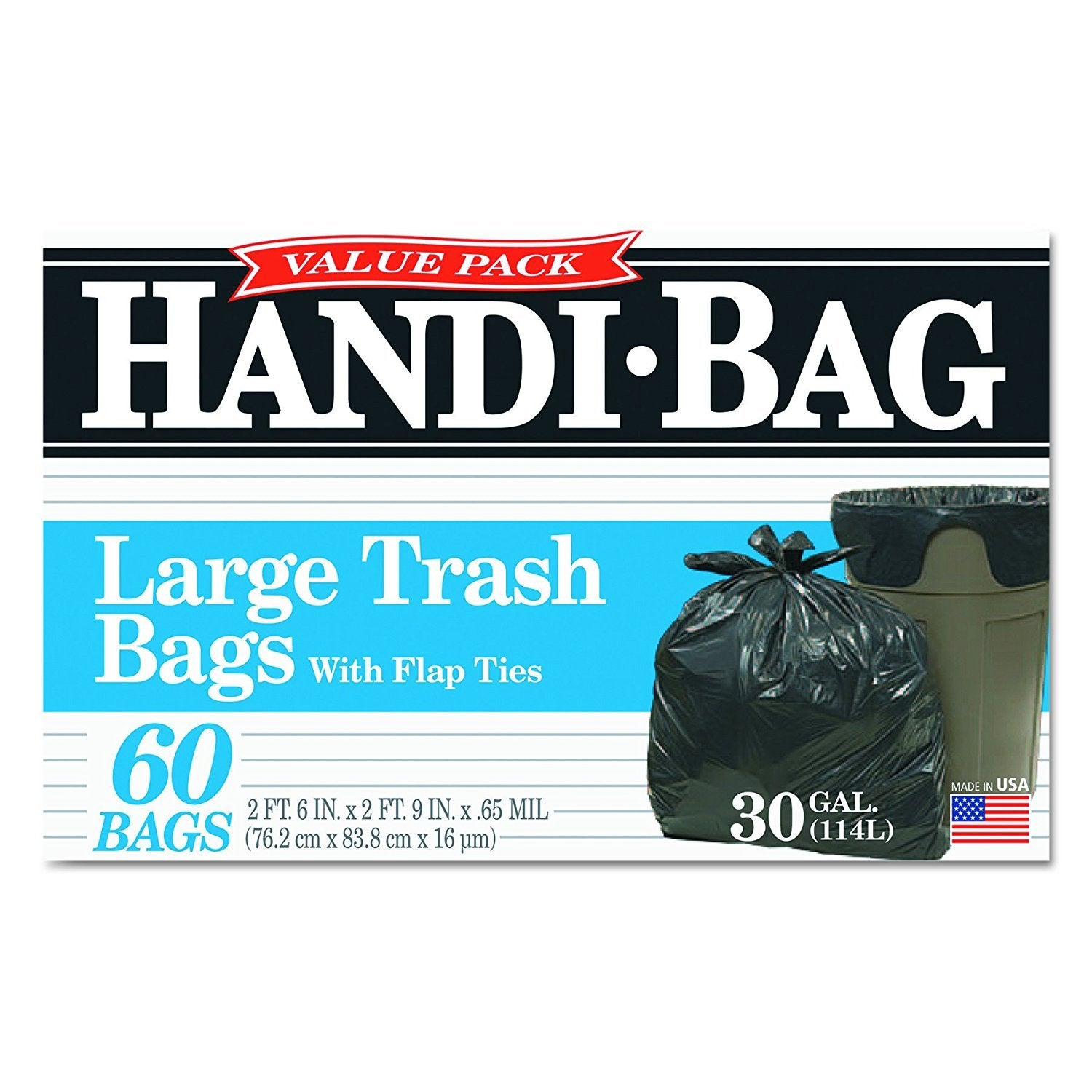 Handi-Bag - Large Flap-Tie Trash Bags, 30 Gallon, Black, 60 Pack - Case of 6