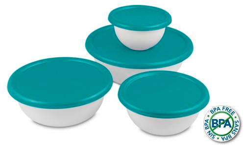 Sterilite 0747 - 8 Piece Covered Bowl Set, White w/ Blue Lids - Case of 6