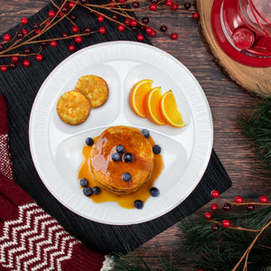 Dart 3 Compartment Foam Plate Lifestyle Image with Breakfast and winter holiday spirit