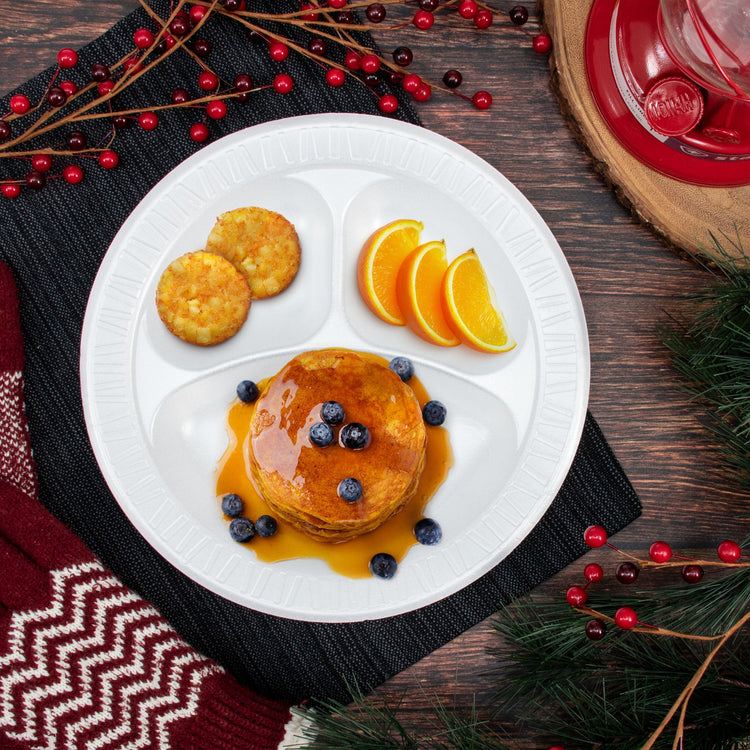 Dart 3 Compartment Foam Plate Lifestyle Image with Breakfast and winter holiday spirit