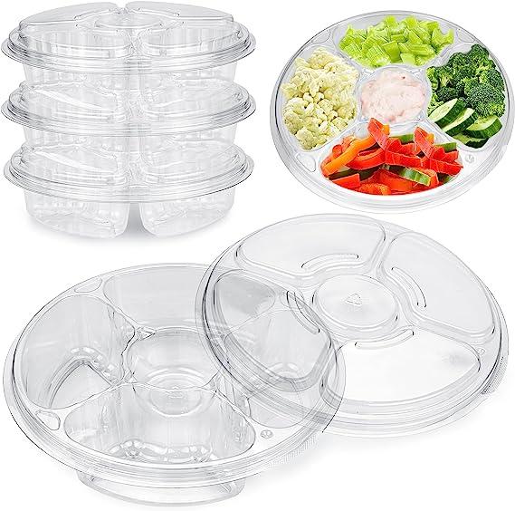 AFS - Clear Plastic 10" Platter 68oz 5-Compartment w/Dip Cup & Lid - Case of 100