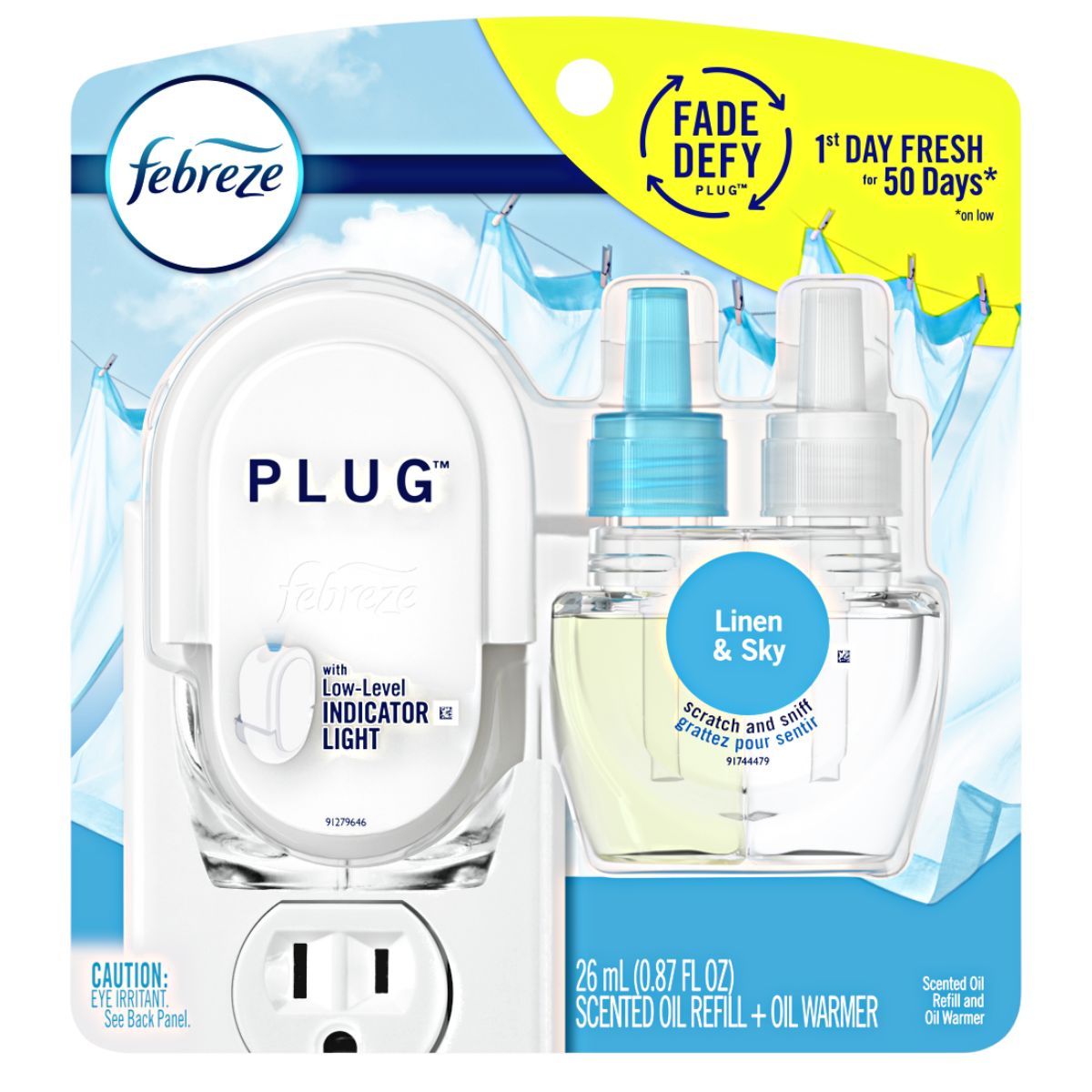 Febreze - Fade Defy Plug Air Freshener & Odor Fighter Starter Kit, Linen & Sky Scent, 0.87oz - Case of 4