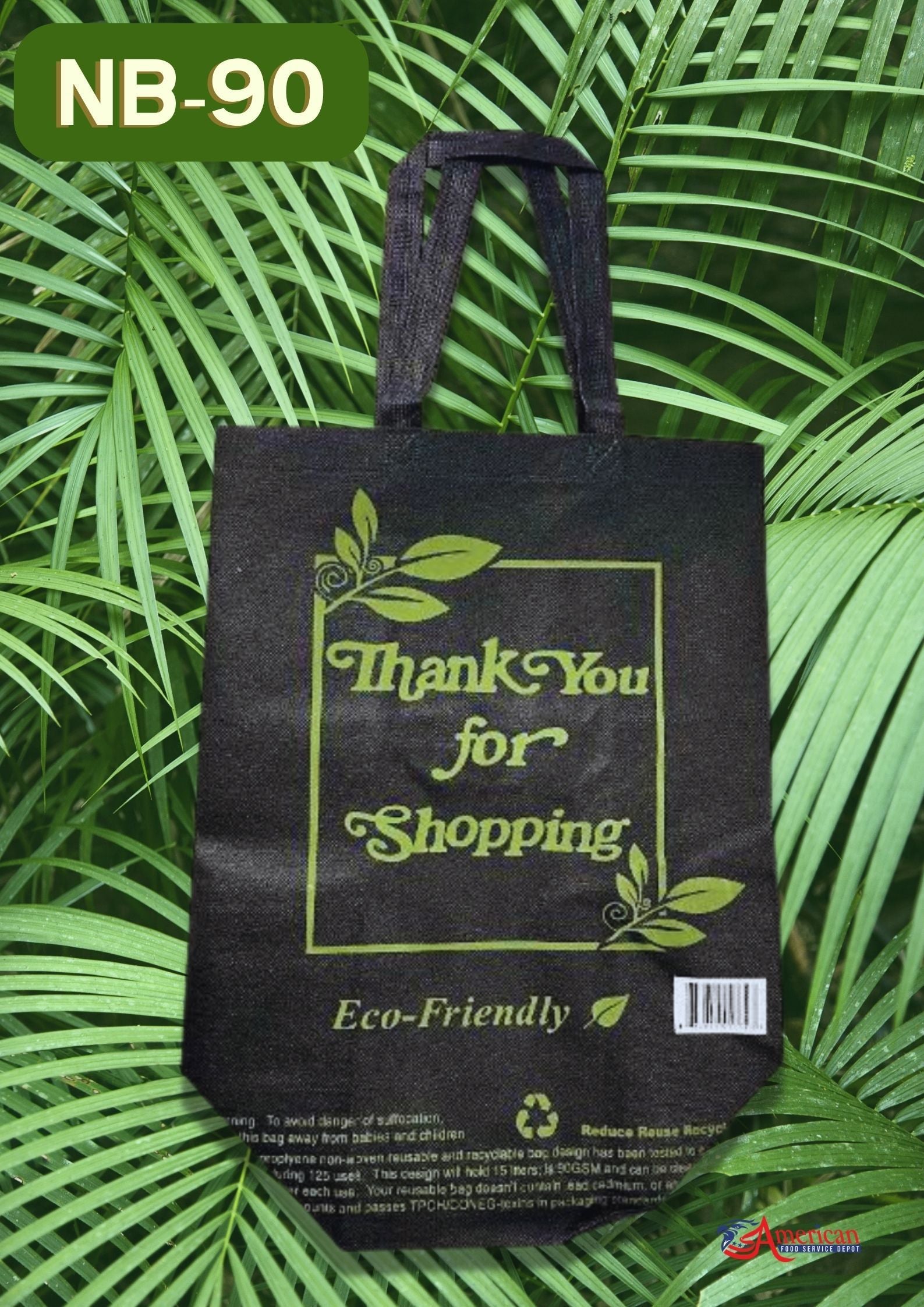 Bag Non-Woven Thank You 14" x 8" x 15" Black/Green - Case of 100