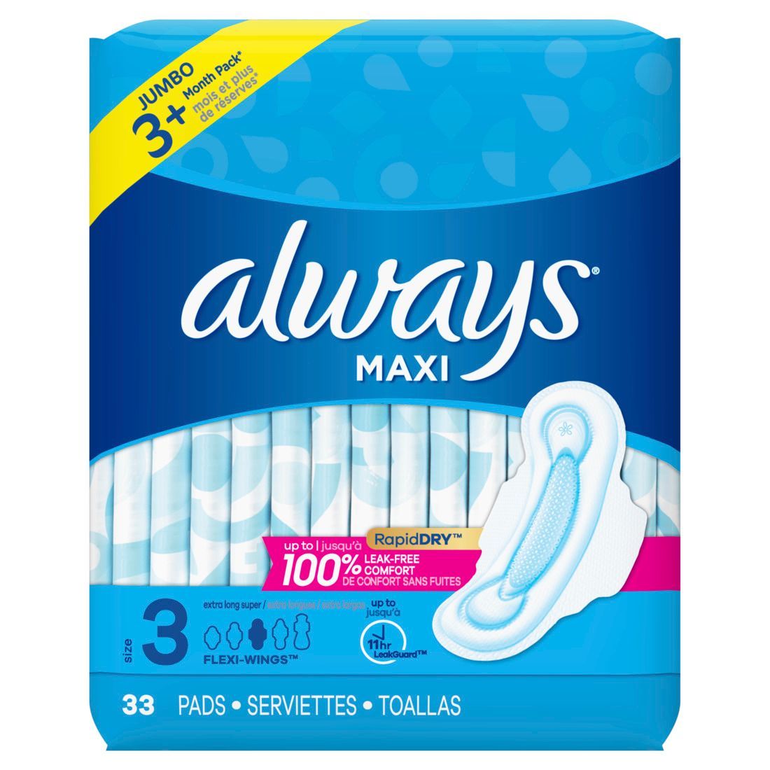 Always - Maxi Feminine Pads with Wings for Women, Size 3, Extra Long Super Absorbency, Unscented 33 Count - Case of 3