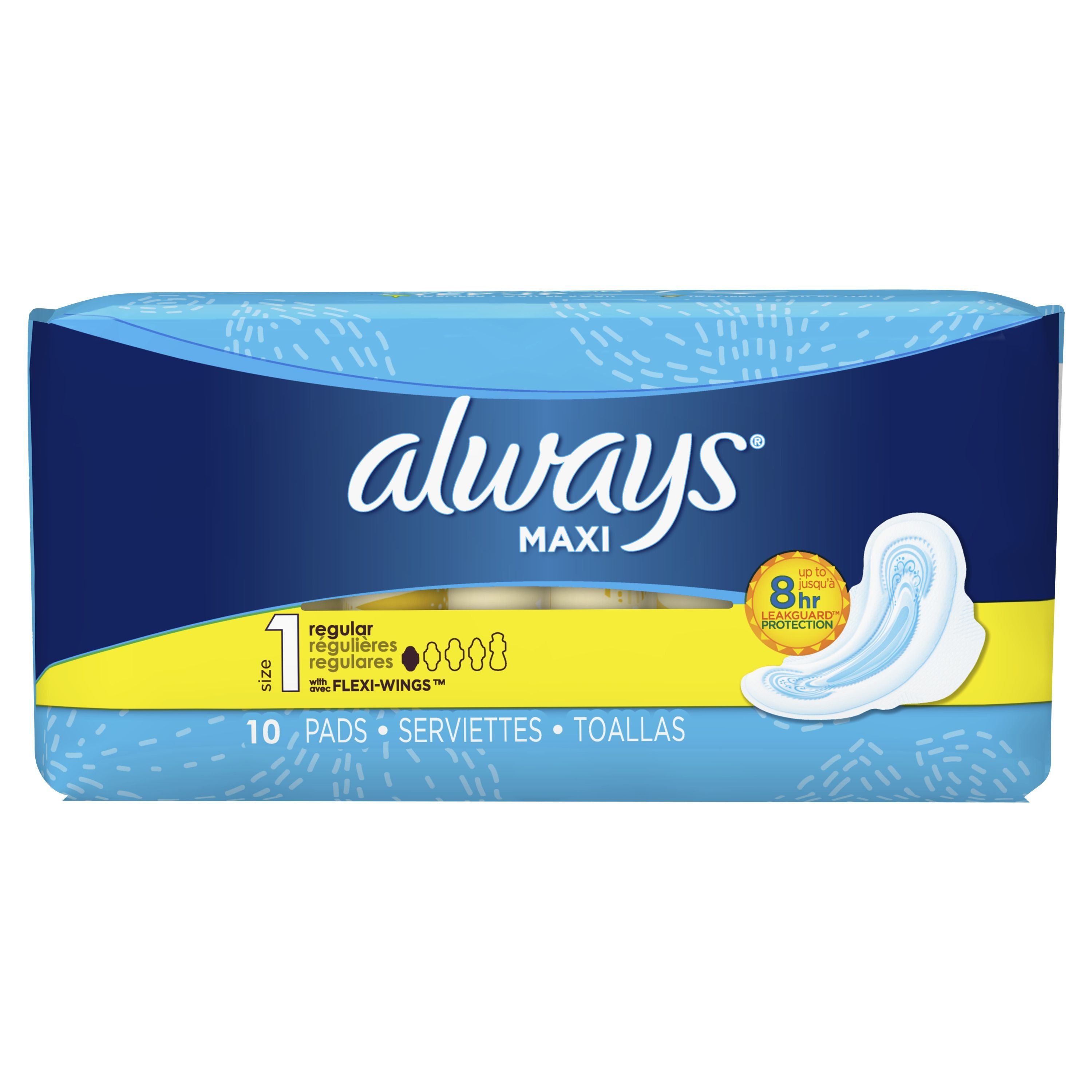 Always - Maxi Feminine Pads with Wings for Women, Size 1, Regular Absorbency, Unscented 10 Count - Case of 12