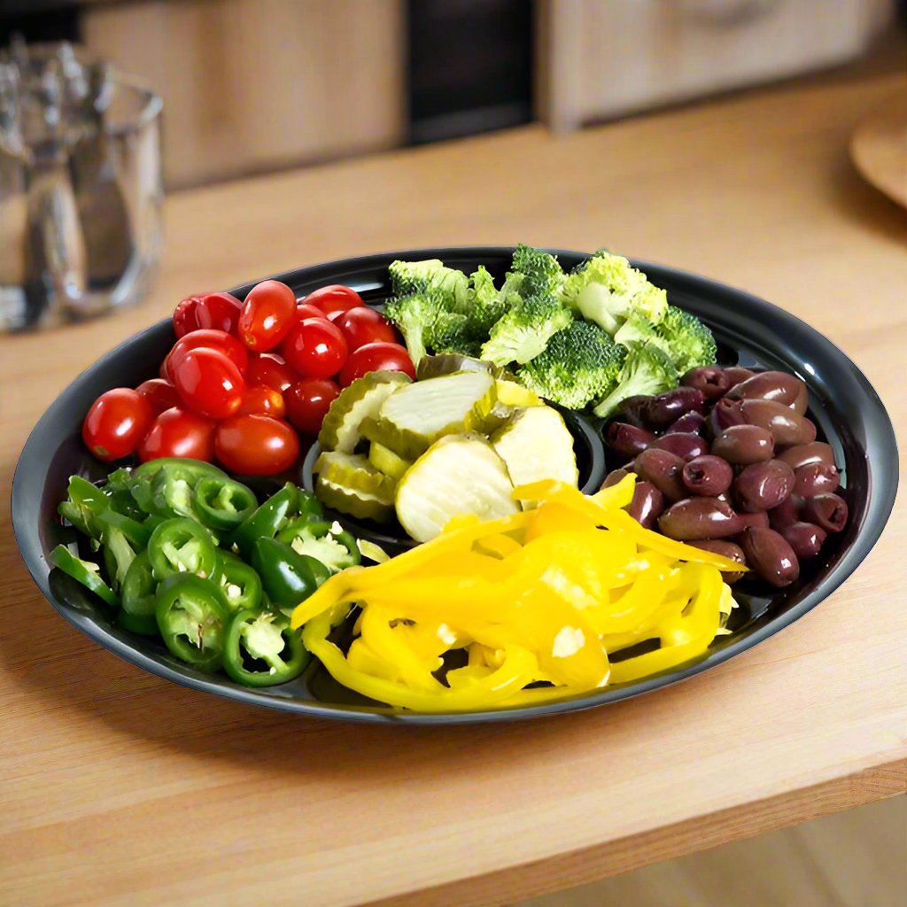Fineline - 12" Black 6 Compartment Plastic Catering Tray - Case of 50