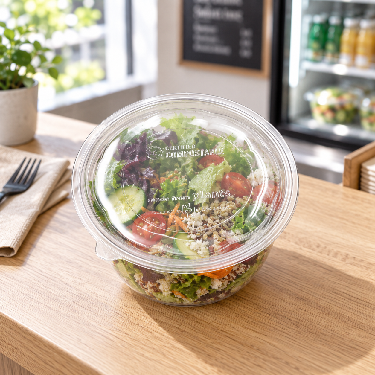 World Centric clear PLA dome lid fitted on a 16 oz salad bowl with fresh salad