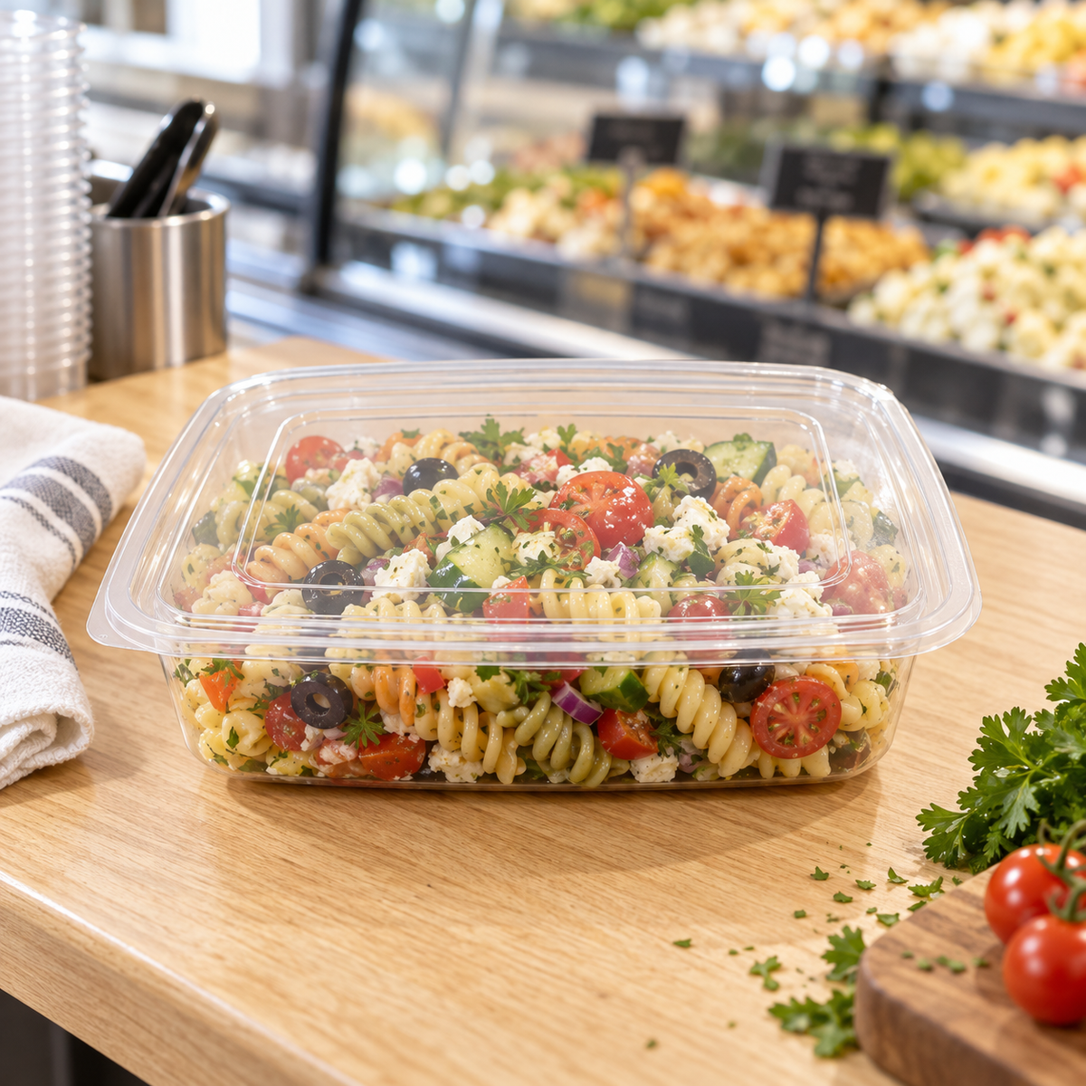 World Centric clear PLA flat lid fitted on a rectangular deli container with pasta salad