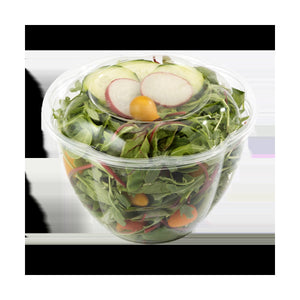 World Centric 48-ounce clear PLA salad bowl filled with salad and fitted lid