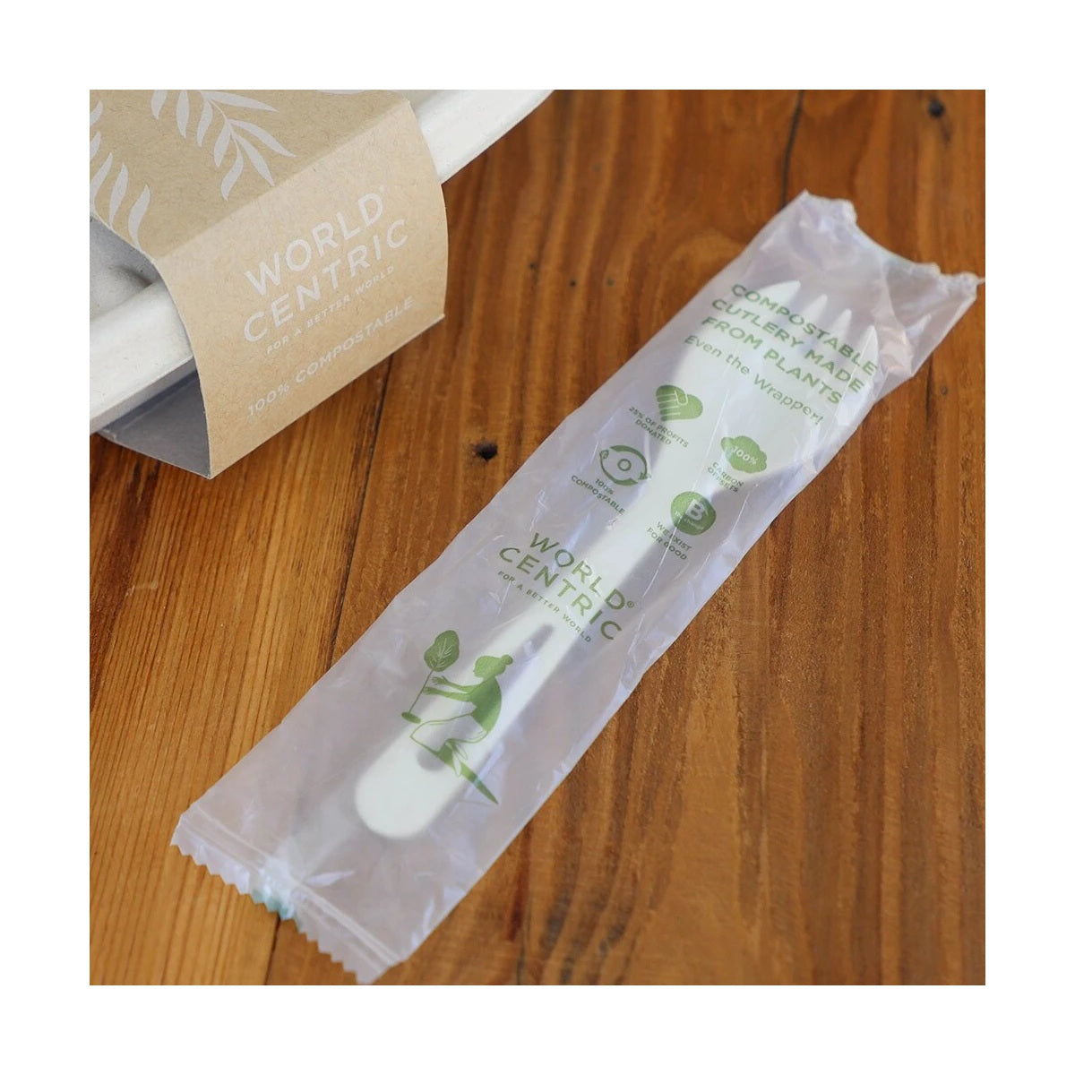 World Centric individually wrapped TPLA spork in a takeout setting