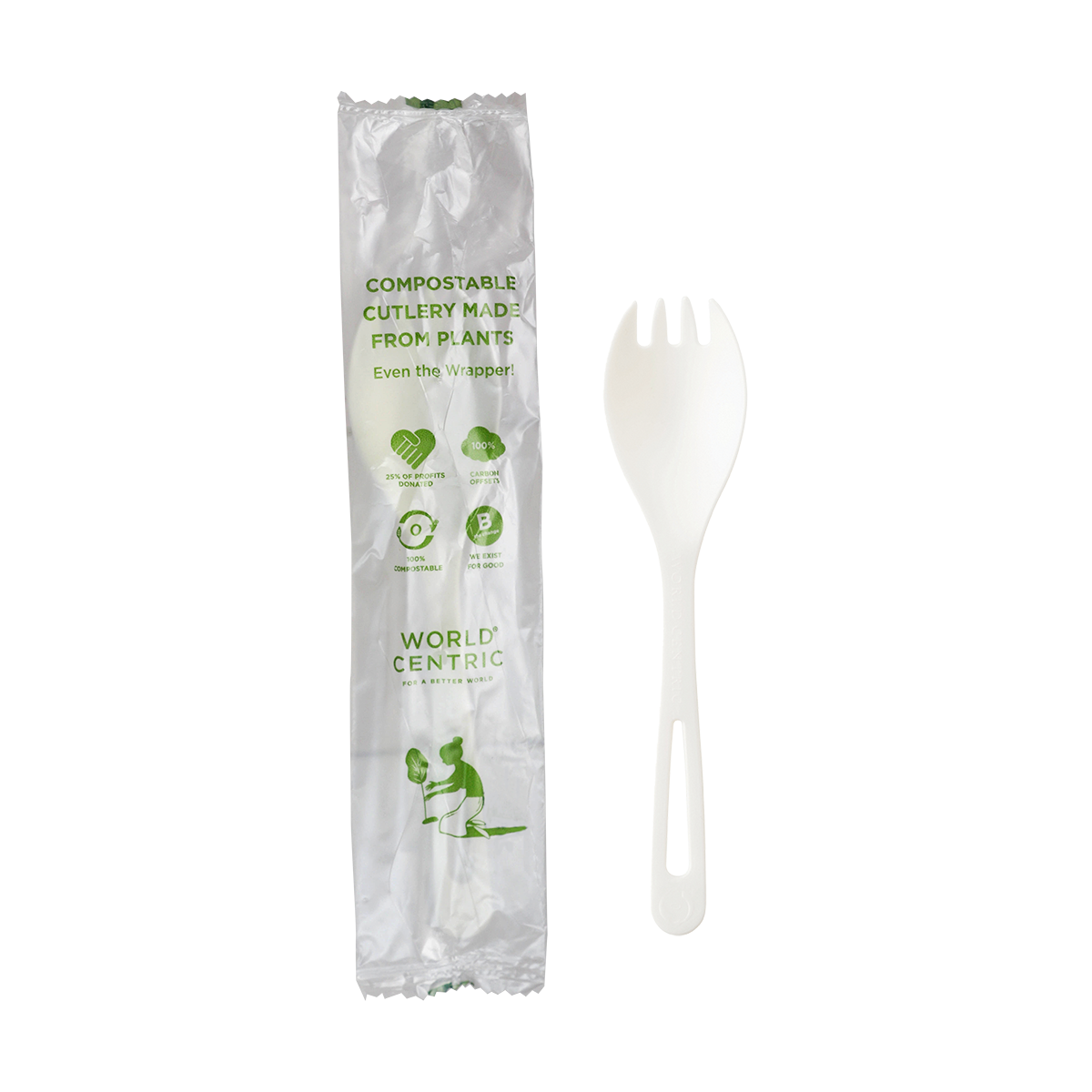 World Centric 6-inch individually wrapped TPLA spork, empty product view