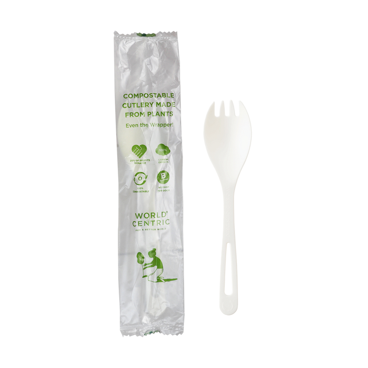 World Centric 6-inch individually wrapped TPLA spork, empty product view