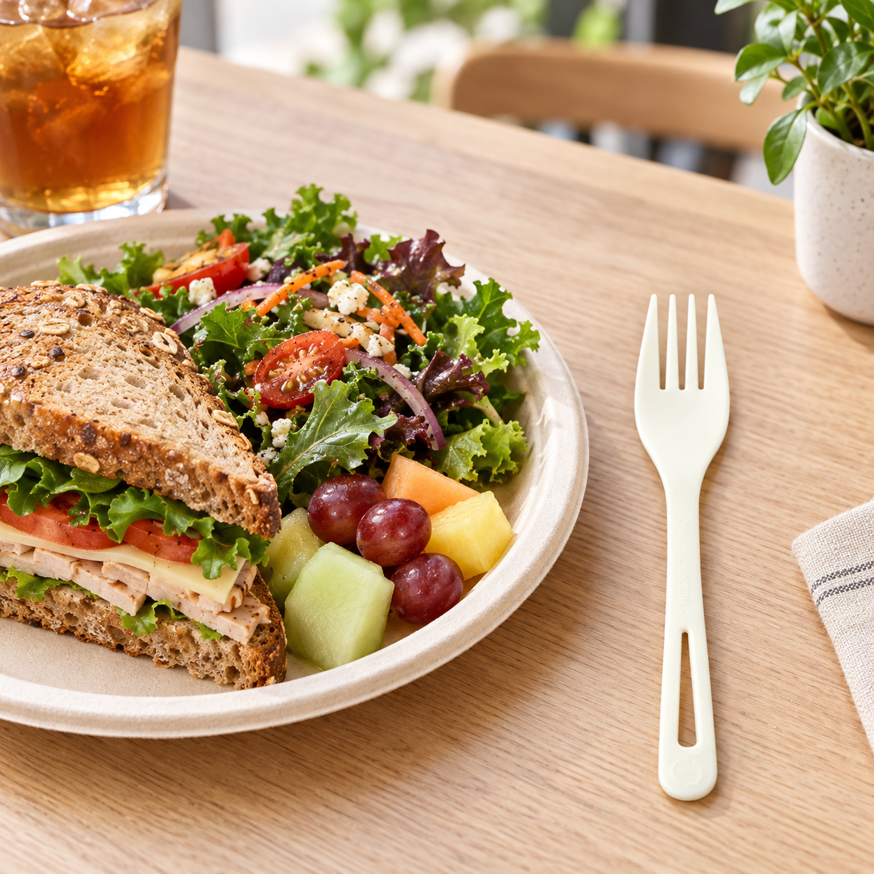 World Centric 7-inch TPLA fork beside a catered salad and sandwich