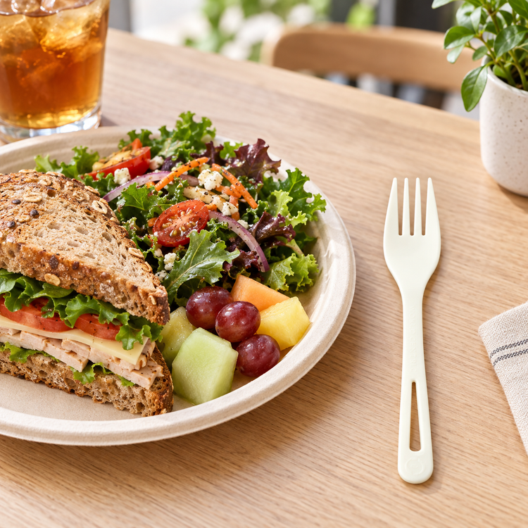 World Centric 7-inch TPLA fork beside a catered salad and sandwich