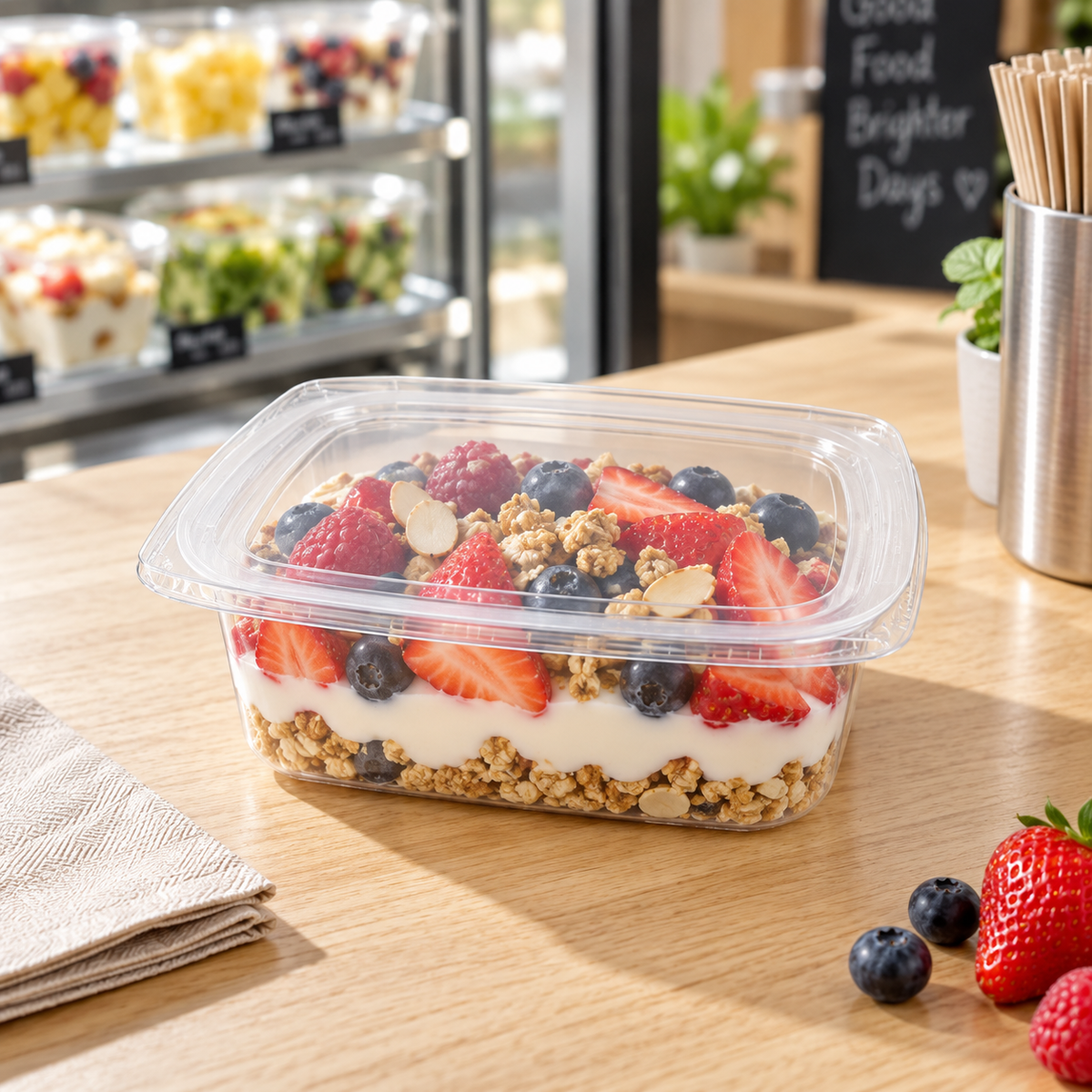World Centric clear PLA flat lid fitted on a rectangular deli container with fruit and yogurt